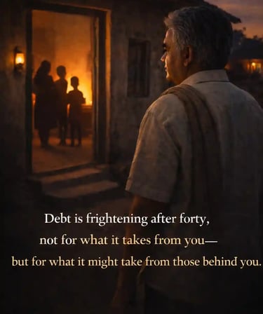 Indian man standing outside a modest home at dusk, family silhouettes inside, sense of responsibility and concern.