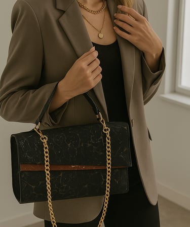 a woman carrying a handbag made by cork leather. Vegan women's handbag