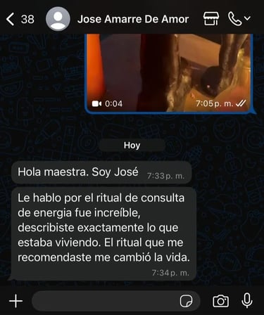 Testimonio de cliente agradecido a la Bruja Samara por un ritual de consulta energetica que transformo su vida.