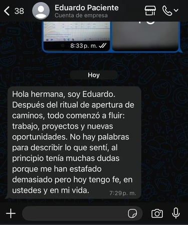 Testimonio escrito de Eduardo destacando la conexión espiritual y los resultados de su consulta con la Bruja Samara.