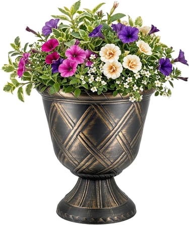 A decorative bronze garden urn filled with purple, pink, and white petunias and variegated green foliage.