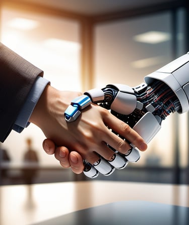 Robot and human shaking hands in a modern office, symbolizing AI collaboration
