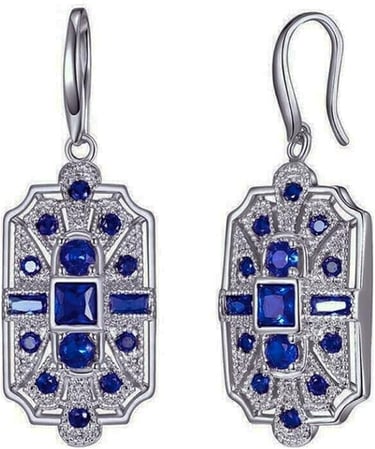 Silver Tone Geometric Art Deco Style Royal Blue Rhinestones Earrings