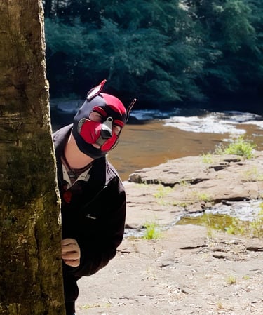 A man poses partway behind a tree, wearing a pup mask.