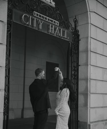 elopement photography standing in front of a Portland Maine city hall