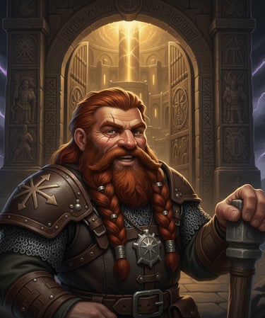 Bardin Stonehand, a red-bearded dwarf in armor, smiles and holds his hammer as he welcomes visitors 