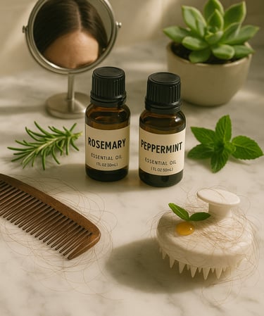 Rosemary and peppermint oils with hair loss tools, strands and scalp reflection