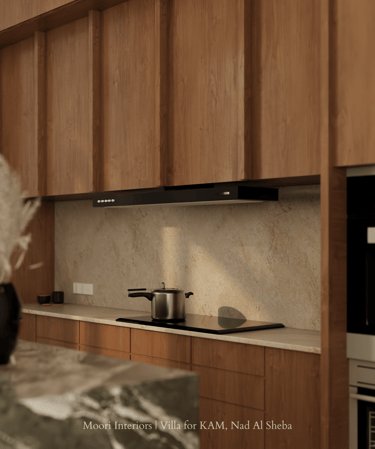 Contemporary kitchen cooktop with matte chimney, warm wood cabinetry, and soft ambient lighting