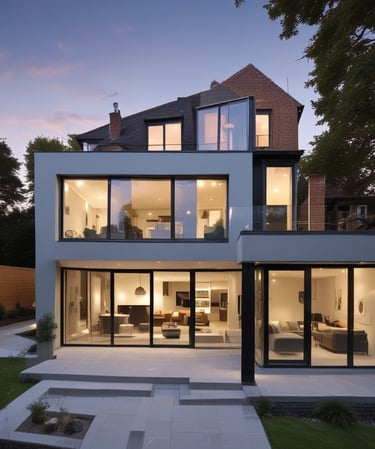 A charming before-and-after photo of a renovated UK house with fresh paint and a welcoming garden.