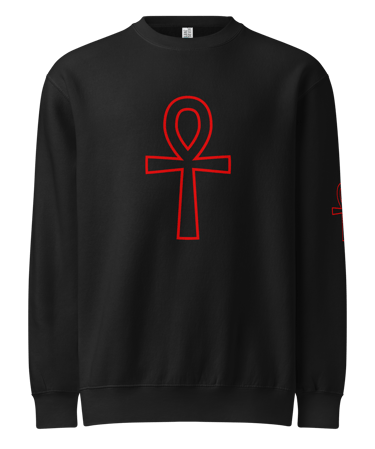 Black crewneck sweatshirt featuring a bold red Egyptian ankh symbol outline printed on the chest.