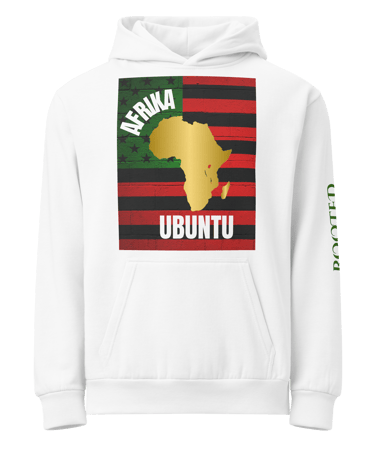 White Afrika Ubuntu hoodie featuring a gold Africa map over a Pan-African flag design.