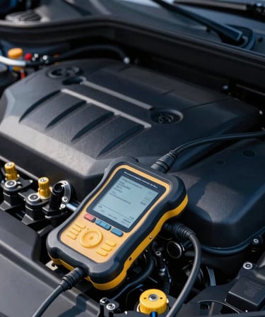 Close-up of a modern clean car engine bay, digital diagnostic tester connected to battery terminals, high-contrast cool daylight, professional work