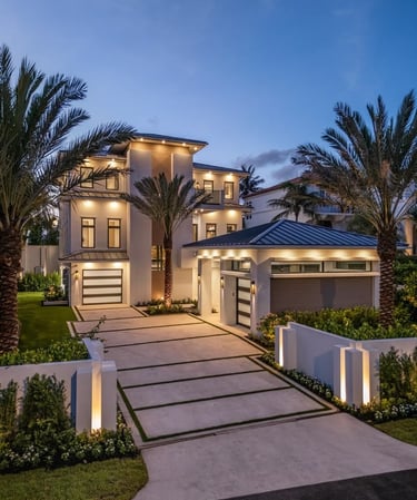 Modern luxury home exterior with glass walls, stone accents, and landscaped driveway