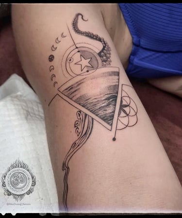 Fineline tattoo with ocean symbols like waves, octopus, and a Vietnamese star