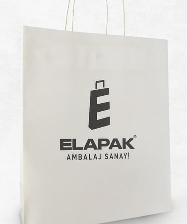 a white shopping bag with a black and white logo