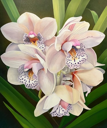 Monumental pink cymbidium meticulously painted by Christine Knize MFA RISD