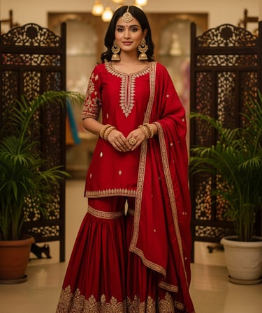 A woman wearing a red embroidered sharara suit with gold jewelry and a dupatta.