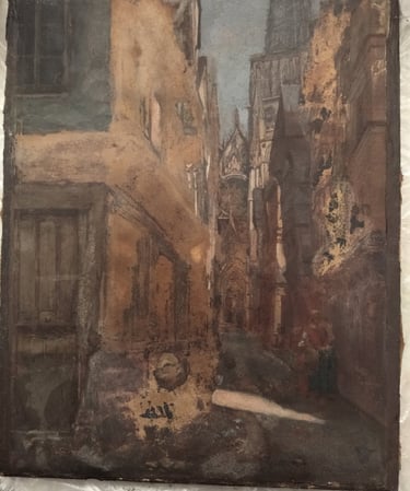 Tableau ancien en cours de restauration : grattage des couches de peinture altérées.