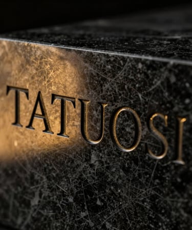 Macro close-up of a dark obsidian marble block with the name 'TATUOSI' cleanly engraved in a sharp serif typeface. Dramatic low-key studio lighting with deep shadows and sharp gold highlights reflecting off the engraving.