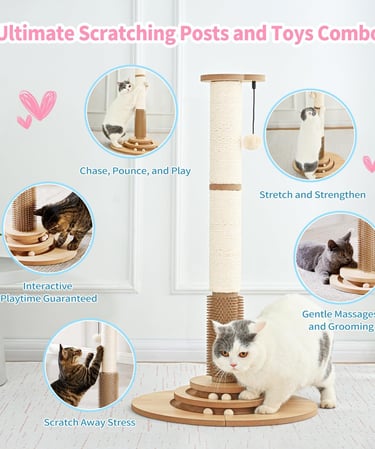 Made4Pets Wooden Tall Cat Scratching Post for Indoor Cats 34" with Interactive Toys & Brush
