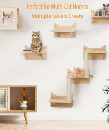 Cat Wall Shelves for Large Cats, 9PCS Solid Pine Cat Wall Furniture Set with House, Ladder Steps