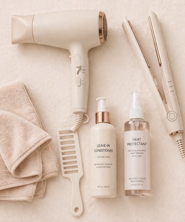 Hair care routine essentials including blow dryer, flat iron, comb, towels, and styling products