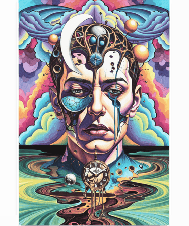 Surrealistic coloring with a face melting clock and psychedelic clouds in a dreamlike landscape.