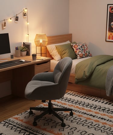 Cozy aesthetic bedroom with a wooden desk, computer setup, string lights, and a green bedspread.