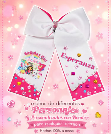 moño blanco tipo coletero con imagen de gaby doll house con nombre esperanza personalizado