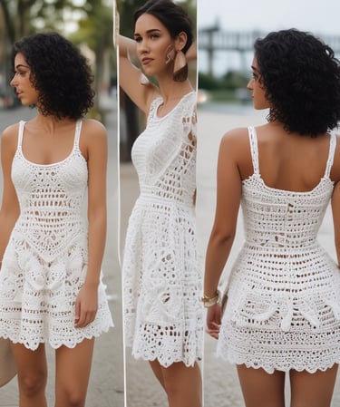 Woman wearing a white sleeveless crochet mini dress with intricate lace patterns and a scalloped hem.