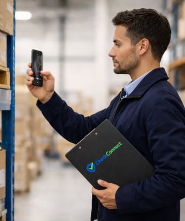 CheckConnect person verifying warehouse on-site