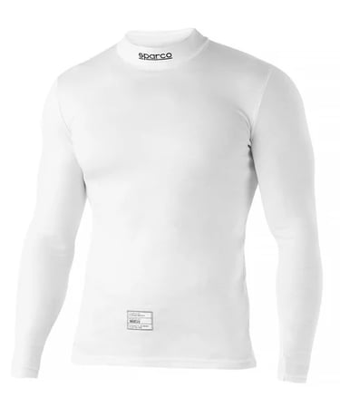 White Sparco fireproof long-sleeve racing undershirt for professional driver safety and comfort.