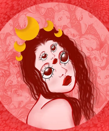 A digital Creation by Catsi of a Woman with Red Hair, A Cresent Moon Crown and Two faces