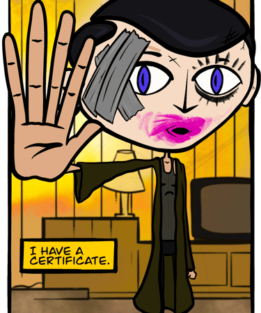 A cartoon version of Frank from the movie Frank raises one hand with the text bubble, "I have a certificate."