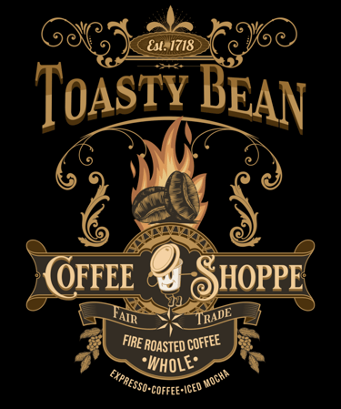 Vintage coffee shop logo with fire-roasted beans and ornate gold flourishes.