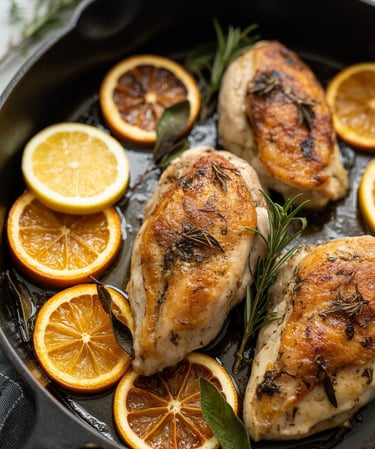 Healthy citrus herb chicken skillet recipe with seared chicken,citrus slices,and flavorful pan sauce