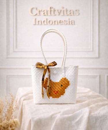 Handwoven plastic tote bag with white bear character, handmade from recycled plastic by Craftvitas Indonesia