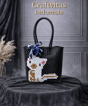 Black handmade plastic woven tote bag with cat character design, sustainable fashion bag