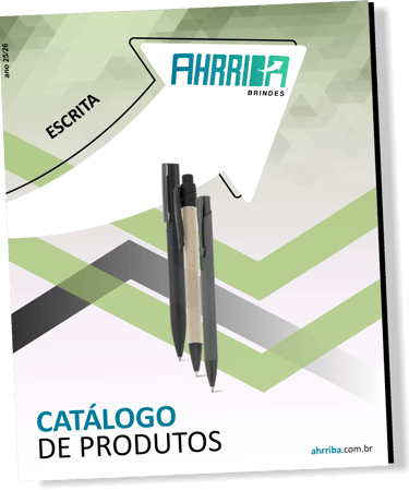 "Catálogo de brindes corporativos Ahrriba com foco em canetas e lápis personalizados."