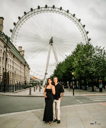 Couple standing near the London Eye during their engagement session, captured by Fred Art Studio