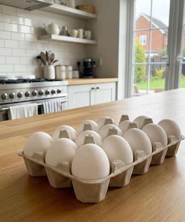 Tray of free-range eggs on a wooden kitchen counter in a modern Yorkshire home