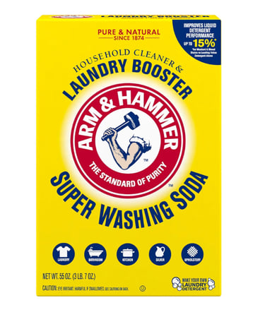 Arm and Hammer super washing soda laundry booster for deep cleaning stain removal