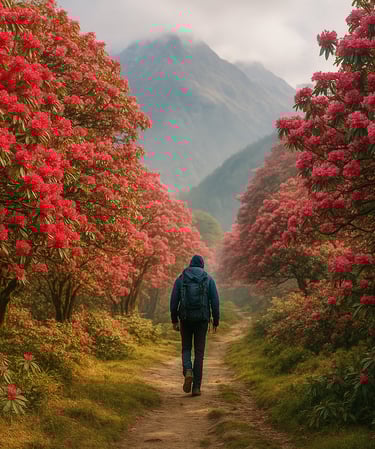 A trekker walking through blooming rhododendron forest in Nepal springtime.