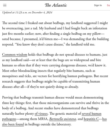 Article about the many pathogens that Bedbugs have been proven to carry.