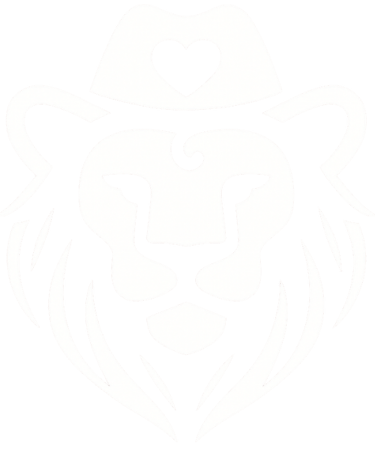 A black-and-white, circular logo featuring a lion’s head wearing a hat with a heart symbol