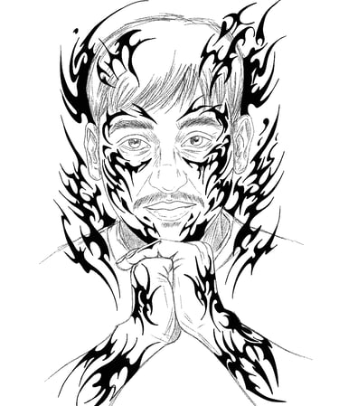Black and white line art portrait of a man with bold tribal tattoos on his face and hands.