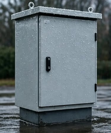 A weatherproof grey electrical enclosure outdoor cabinet standing in rain with water droplets.