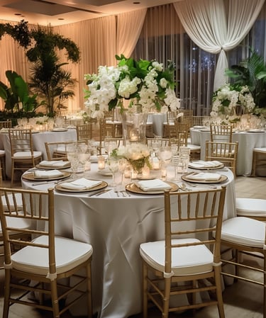 a table with a white table cloth and chairs for an event in ct