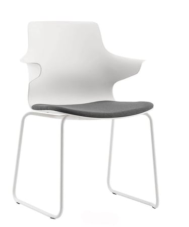 White Dora chair with grey seat cushion and sled base frame