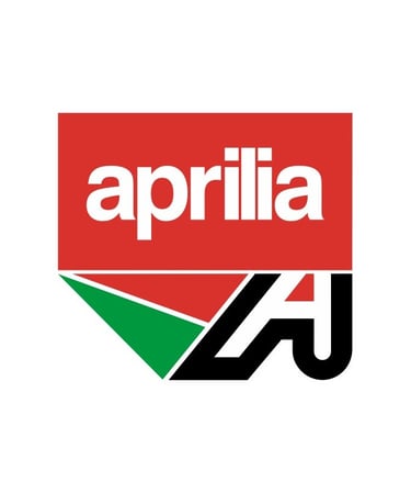 Logo officiel Aprilia, fond rouge avec lettrage blanc et détail graphique vert, blanc, noir